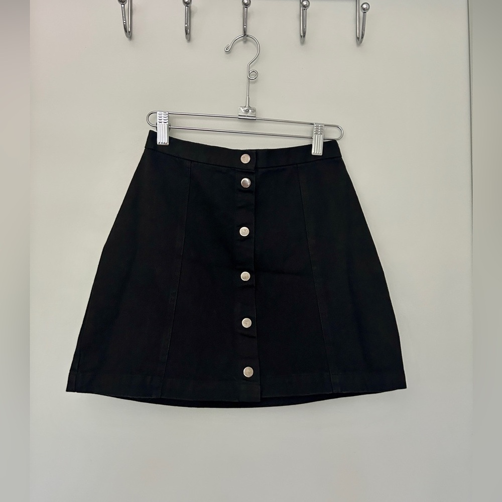 NET Ladies Black Cotton Button Snap Front A-Line Mini Skirt 90s Mod XXS XS